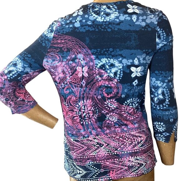 Chico's V-Neck 3/4 Sleeve Top Beaded Embroidered Sz 1 (M/8) #57B - Picture 5 of 9